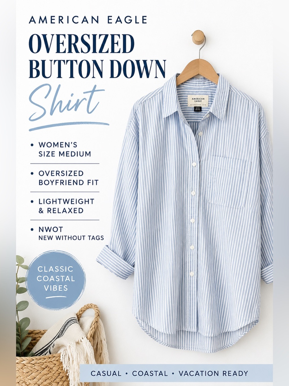 American Eagle Women’s Oversized Button Down Shirt Medium Blue White Stripe NWOT - Picture 1 of 6